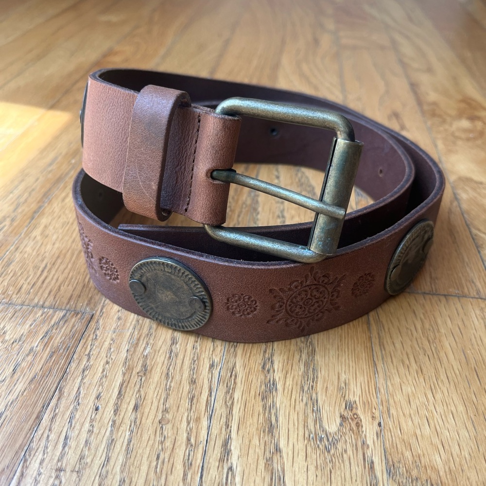 Vintage Western Unisex Brown Leather Belt with Brass Buckle Size M